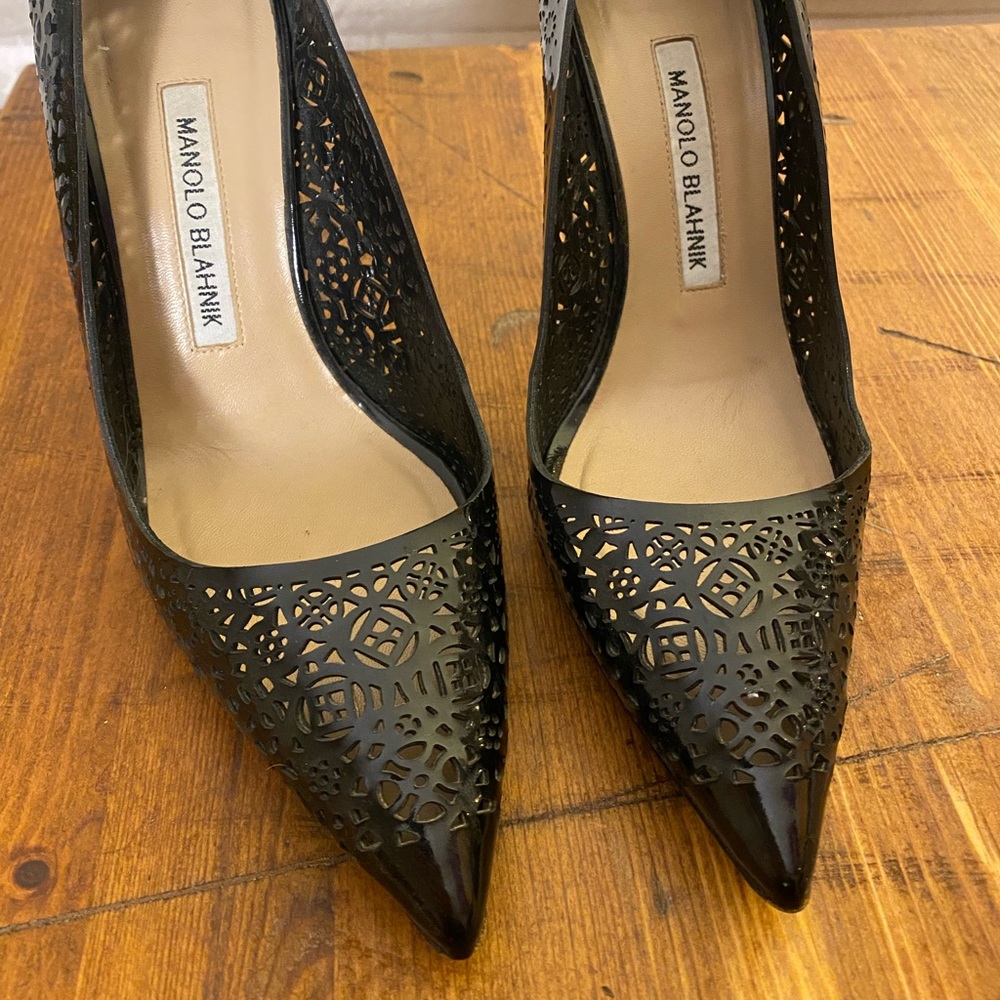 Manolo Blahnik Black Laser-Cut Heels - Picture 2 of 4